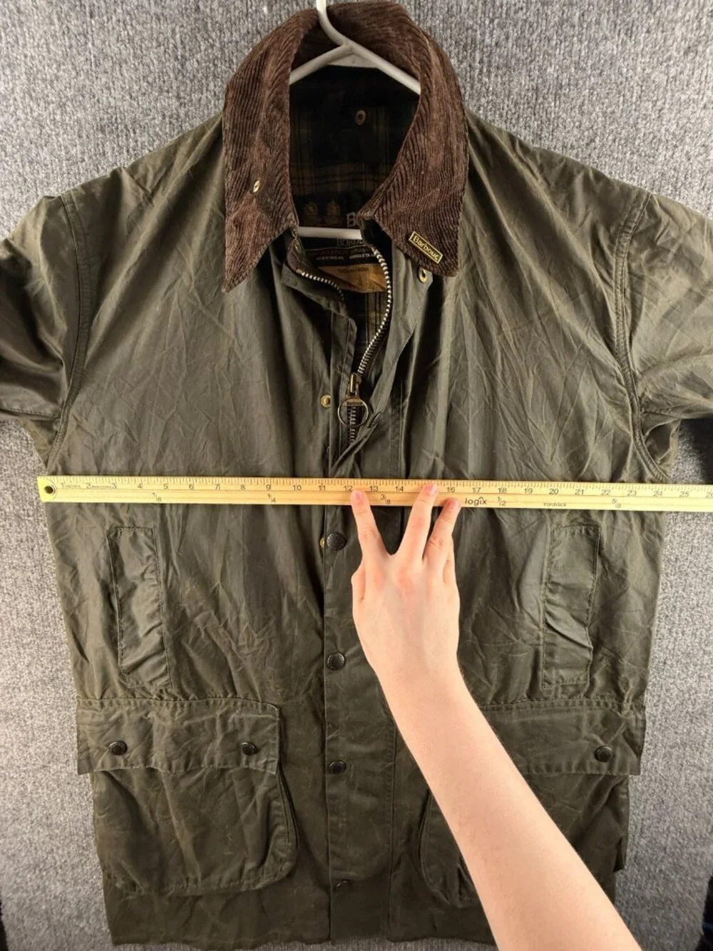 VTG Barbour A200 Border Size 40 Green Waxed Jacket Long Zip Snap Collared 80s